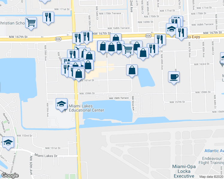 map of restaurants, bars, coffee shops, grocery stores, and more near 5375 Northwest 159th Street in Hialeah