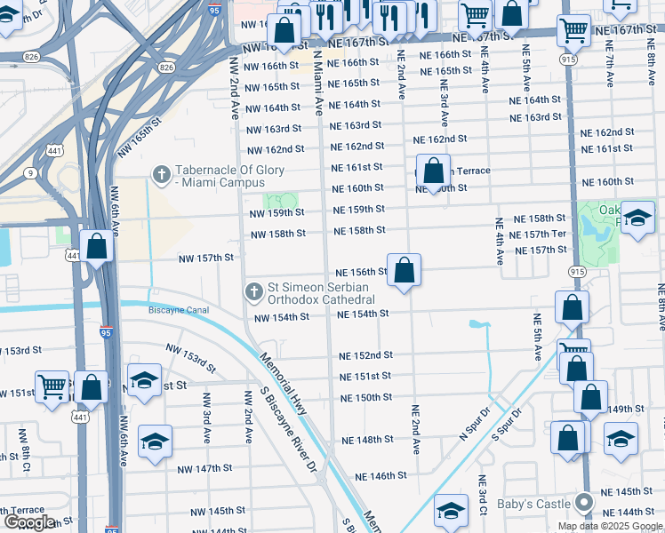 map of restaurants, bars, coffee shops, grocery stores, and more near 15 Northeast 156th Street in Miami