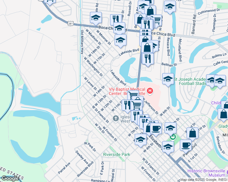 map of restaurants, bars, coffee shops, grocery stores, and more near 1249 West Washington Street in Brownsville