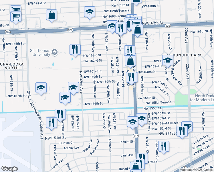 map of restaurants, bars, coffee shops, grocery stores, and more near 2901 Northwest 158th Street in Opa-locka