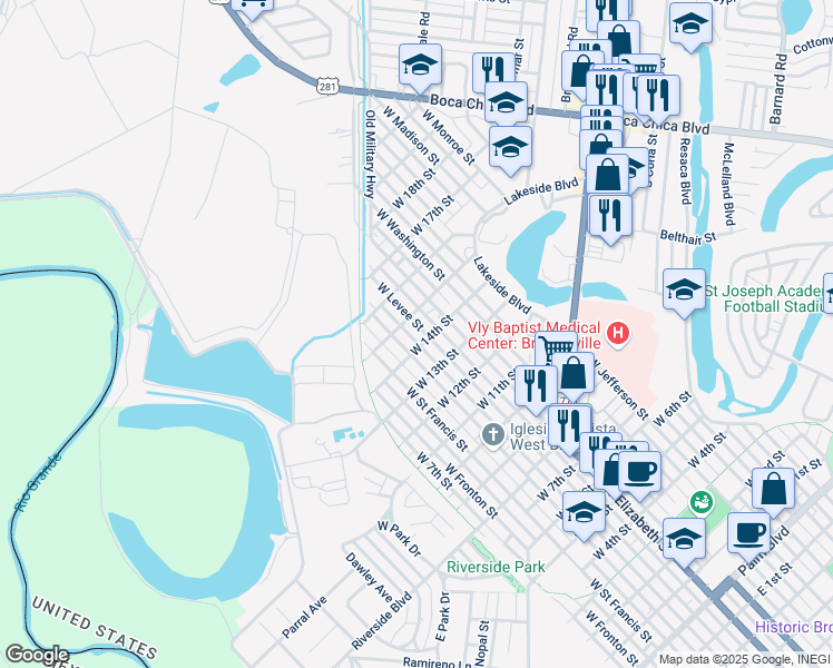 map of restaurants, bars, coffee shops, grocery stores, and more near 1425 West Levee Street in Brownsville