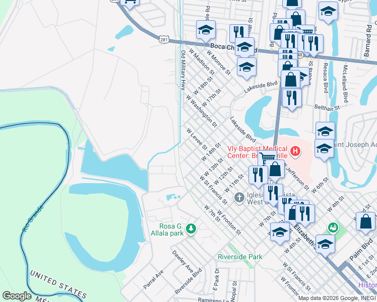 map of restaurants, bars, coffee shops, grocery stores, and more near 1515 West Saint Charles Street in Brownsville