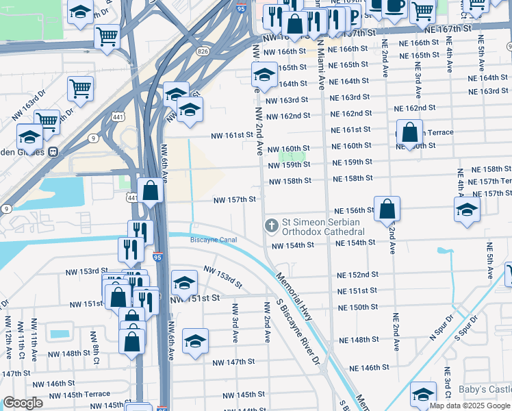 map of restaurants, bars, coffee shops, grocery stores, and more near 15635 Northwest 2nd Court in Miami