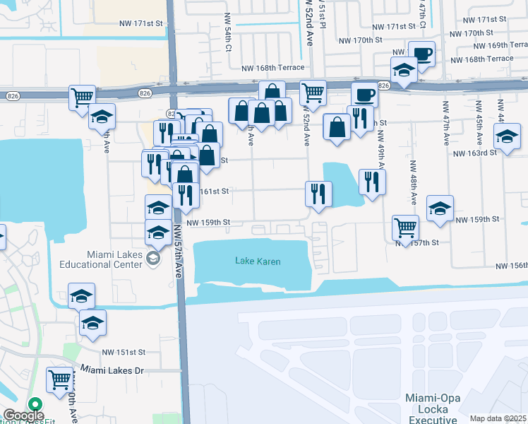 map of restaurants, bars, coffee shops, grocery stores, and more near 5375 Northwest 159th Street in Hialeah
