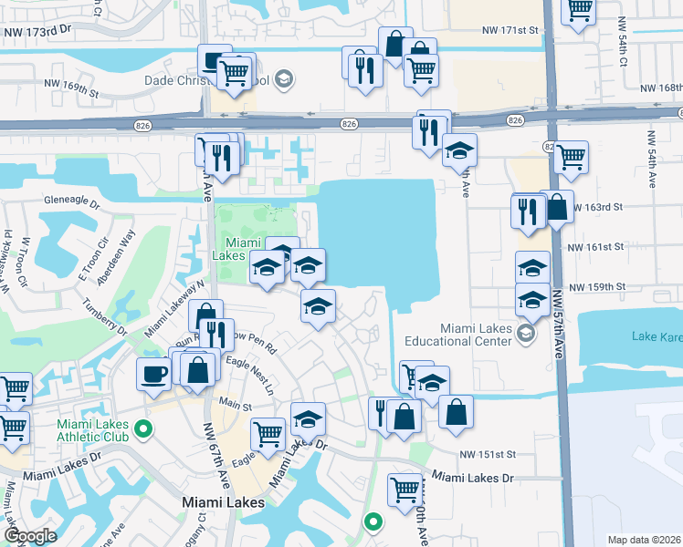 map of restaurants, bars, coffee shops, grocery stores, and more near 15535 Miami Lakeway North in Miami Lakes