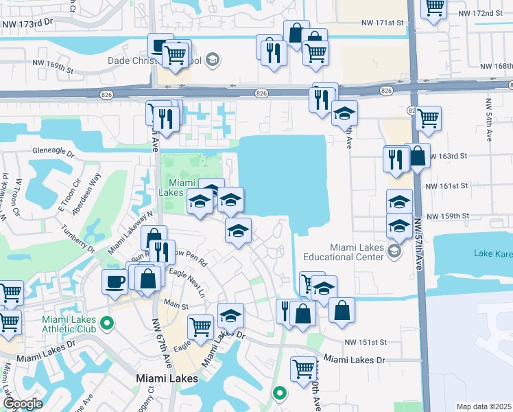 map of restaurants, bars, coffee shops, grocery stores, and more near 15535 Miami Lakeway North in Miami Lakes