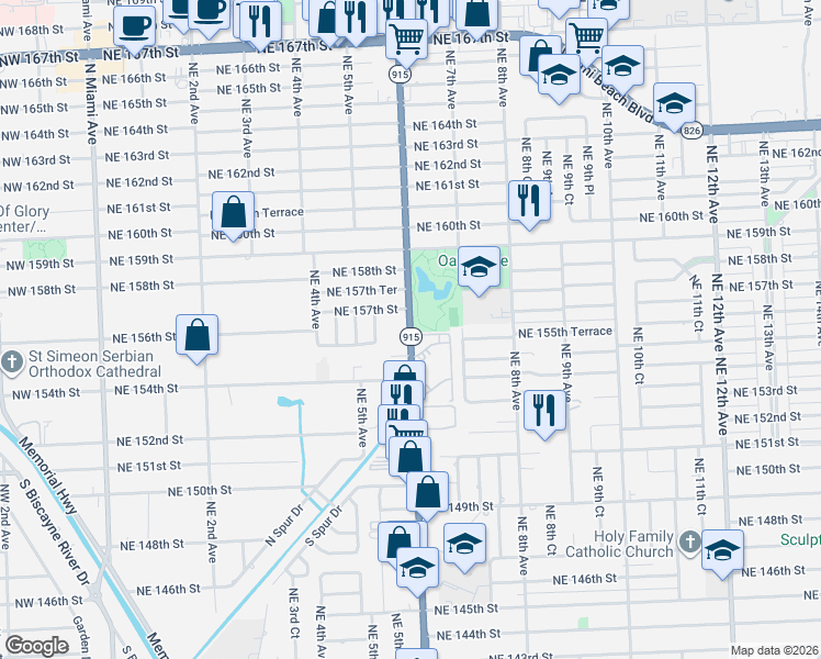 map of restaurants, bars, coffee shops, grocery stores, and more near 15610 Northeast 6th Avenue in Miami