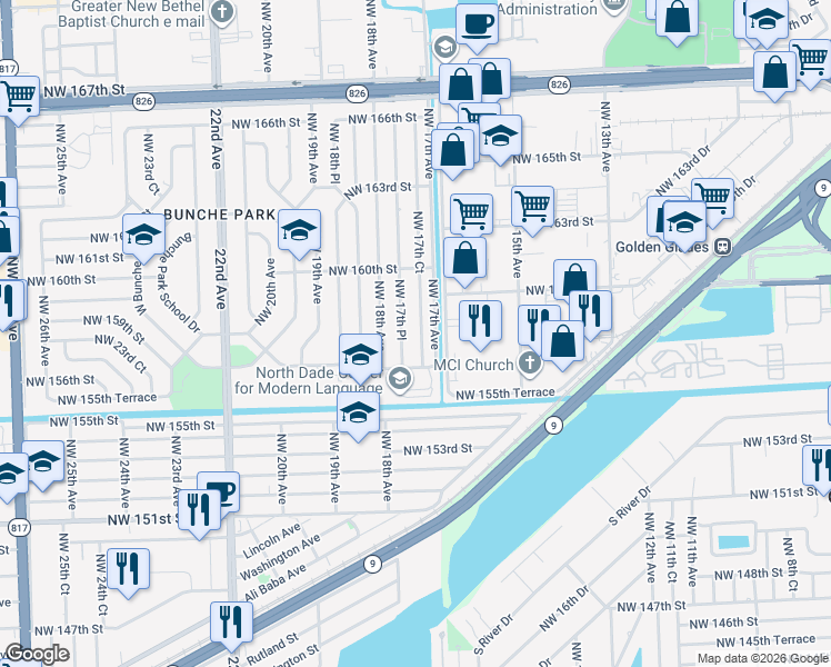 map of restaurants, bars, coffee shops, grocery stores, and more near 15770 Northwest 17th Court in Opa-locka
