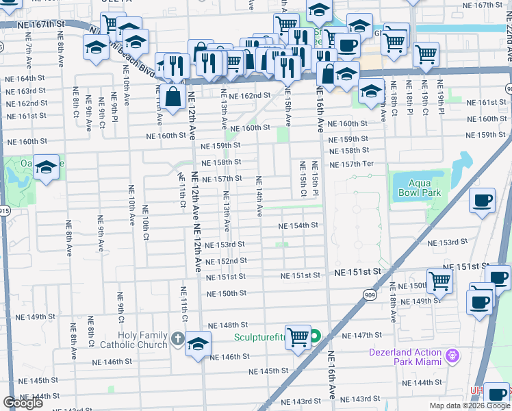 map of restaurants, bars, coffee shops, grocery stores, and more near 15540 Northeast 14th Avenue in North Miami Beach