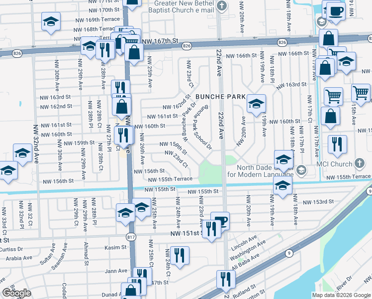 map of restaurants, bars, coffee shops, grocery stores, and more near 15825 Northwest 159th Street in Opa-locka
