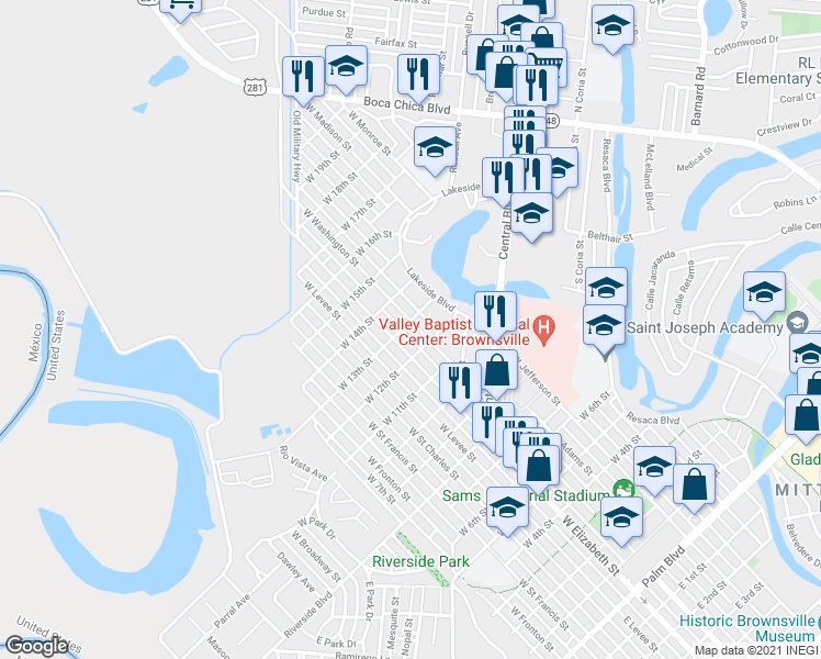 map of restaurants, bars, coffee shops, grocery stores, and more near 1249 West Washington Street in Brownsville