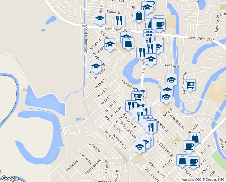 map of restaurants, bars, coffee shops, grocery stores, and more near 1300 West Elizabeth Street in Brownsville