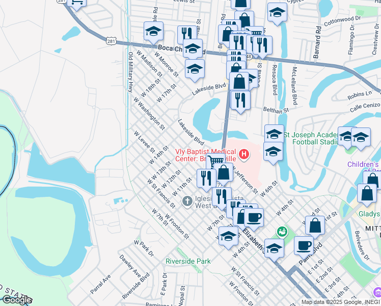 map of restaurants, bars, coffee shops, grocery stores, and more near 1226 West Washington Street in Brownsville
