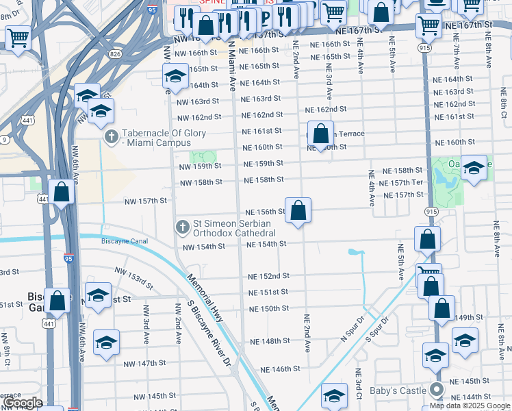 map of restaurants, bars, coffee shops, grocery stores, and more near 55 Northeast 156th Street in Miami