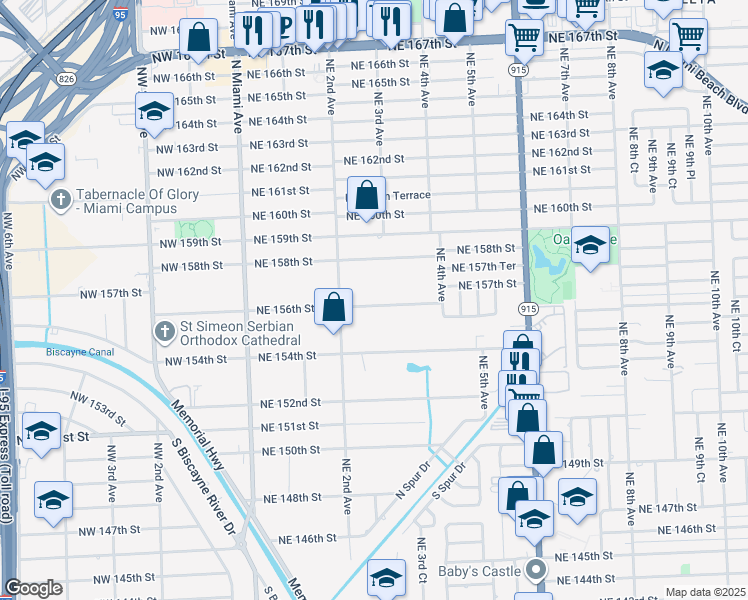map of restaurants, bars, coffee shops, grocery stores, and more near 275 Northeast 156th Street in North Miami Beach