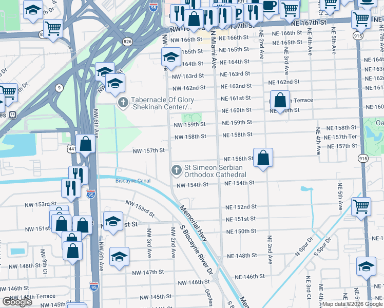 map of restaurants, bars, coffee shops, grocery stores, and more near 105 Northwest 156th Street in Miami