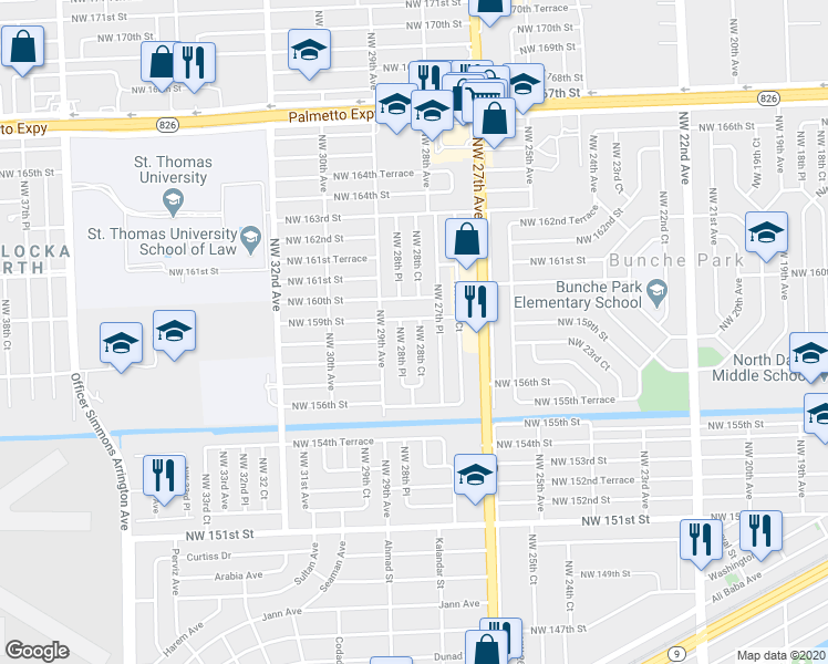 map of restaurants, bars, coffee shops, grocery stores, and more near 15820 Northwest 28th Court in Opa-locka