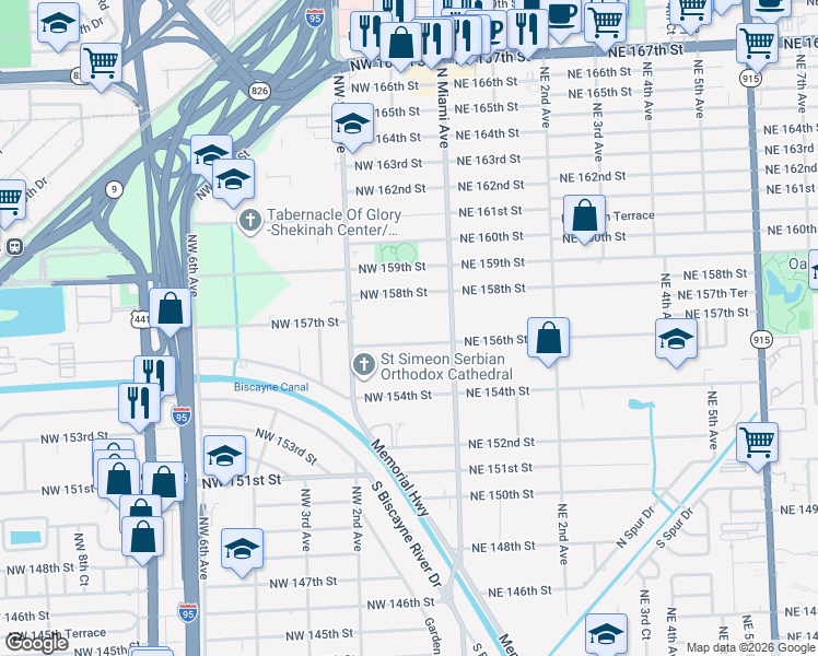 map of restaurants, bars, coffee shops, grocery stores, and more near 105 Northwest 156th Street in Miami