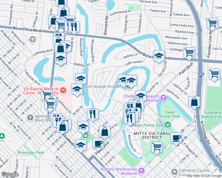map of restaurants, bars, coffee shops, grocery stores, and more near 34 Calle Cenizo in Brownsville