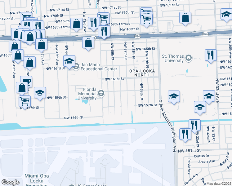 map of restaurants, bars, coffee shops, grocery stores, and more near 4000 Northwest 159th Street in Opa-locka