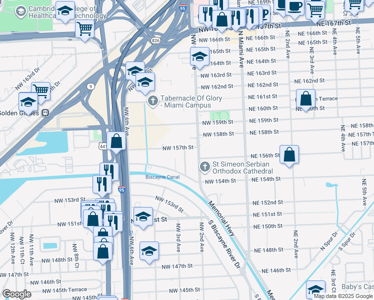 map of restaurants, bars, coffee shops, grocery stores, and more near 15635 Northwest 2nd Court in Miami