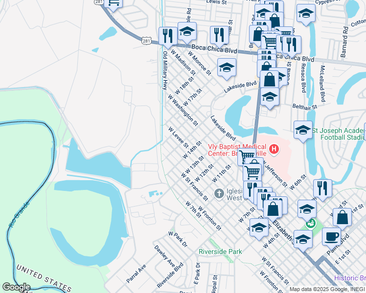 map of restaurants, bars, coffee shops, grocery stores, and more near 1425 West Levee Street in Brownsville