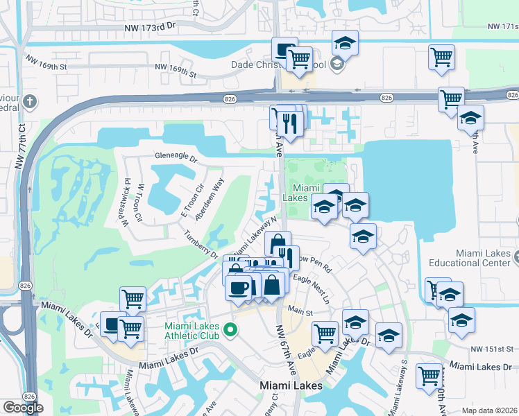 map of restaurants, bars, coffee shops, grocery stores, and more near 15892 Kilmarnock Drive in Miami Lakes