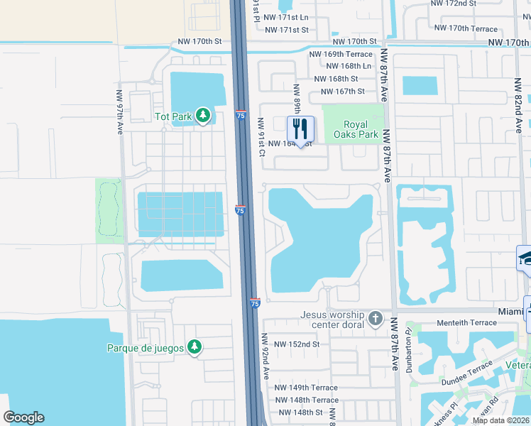 map of restaurants, bars, coffee shops, grocery stores, and more near 15922 Northwest 91st Court in Miami Lakes