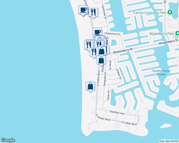 map of restaurants, bars, coffee shops, grocery stores, and more near 720 South Collier Boulevard in Marco Island