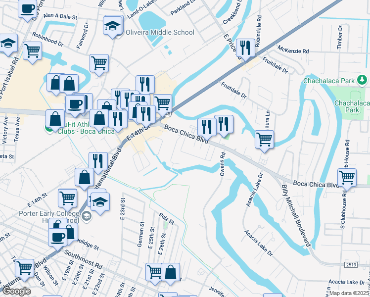 map of restaurants, bars, coffee shops, grocery stores, and more near 11 Resaca Lane in Brownsville