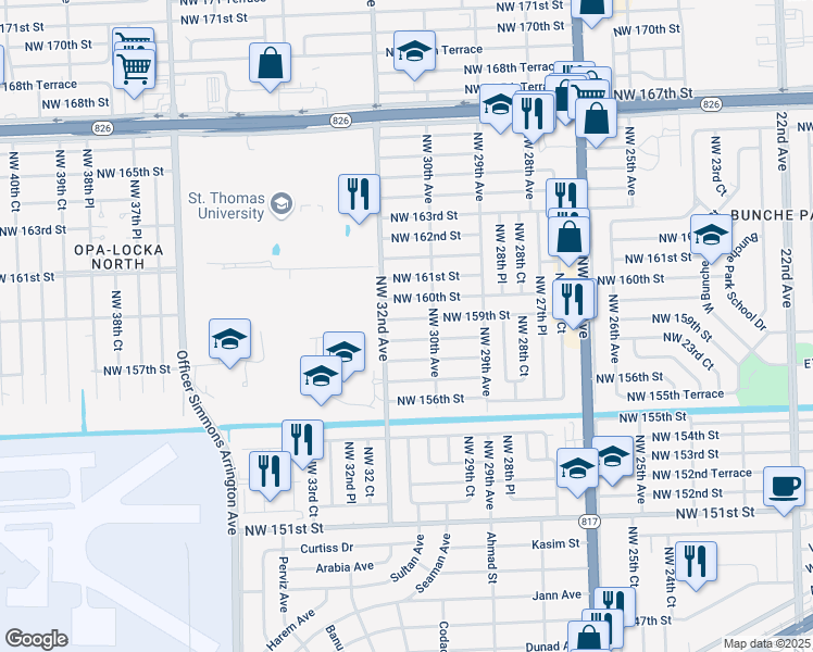 map of restaurants, bars, coffee shops, grocery stores, and more near 3100 Northwest 159th Street in Opa-locka