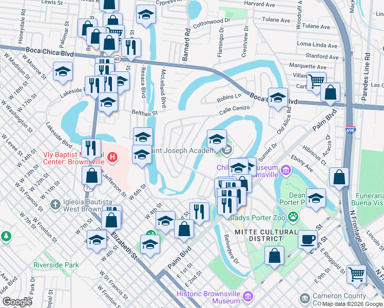 map of restaurants, bars, coffee shops, grocery stores, and more near 34 Calle Cenizo in Brownsville