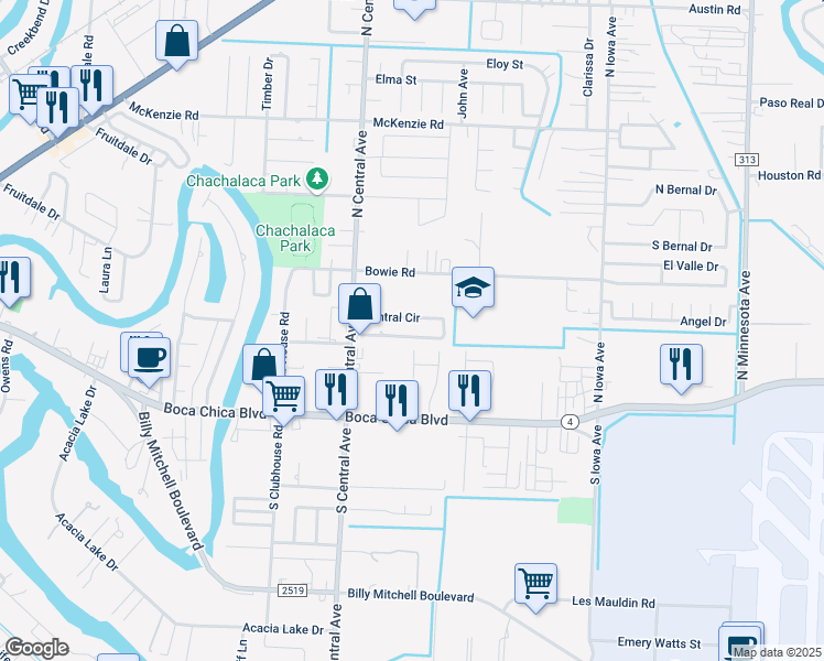 map of restaurants, bars, coffee shops, grocery stores, and more near 4657 Central Circle in Brownsville