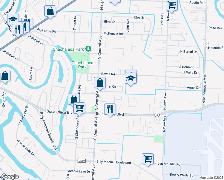 map of restaurants, bars, coffee shops, grocery stores, and more near 4657-4669 Central Circle in Brownsville
