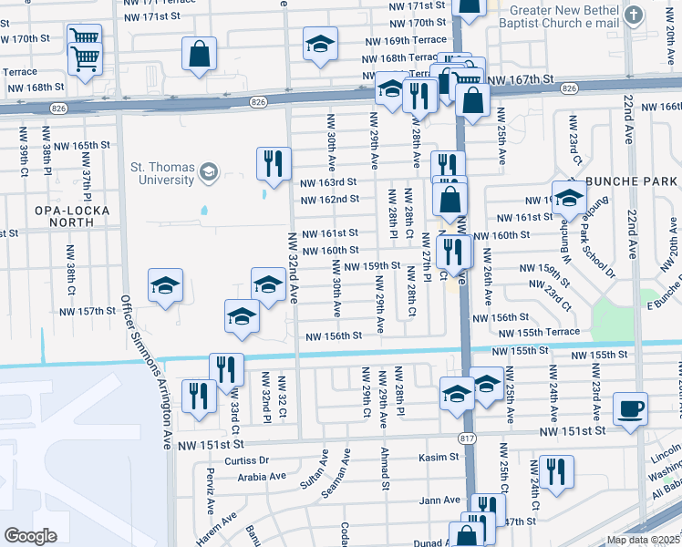 map of restaurants, bars, coffee shops, grocery stores, and more near 2990 Northwest 159th Street in Opa-locka