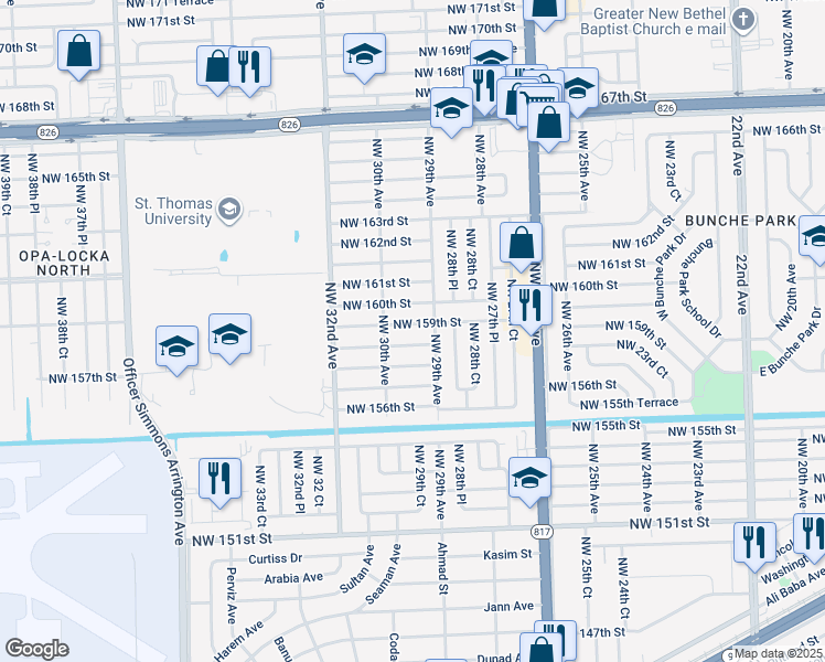 map of restaurants, bars, coffee shops, grocery stores, and more near 2990 Northwest 159th Street in Opa-locka
