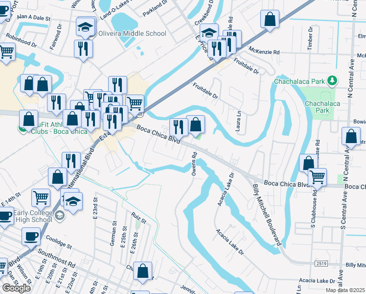 map of restaurants, bars, coffee shops, grocery stores, and more near 3744 Boca Chica Boulevard in Brownsville