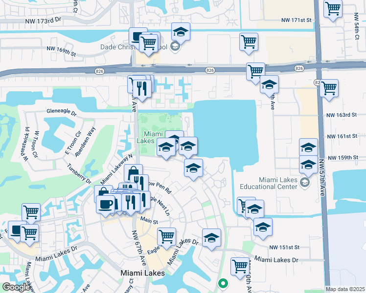 map of restaurants, bars, coffee shops, grocery stores, and more near 6425 Miami Lakeway North in Miami Lakes