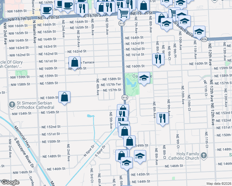 map of restaurants, bars, coffee shops, grocery stores, and more near 15615 Northeast 5th Court in Miami