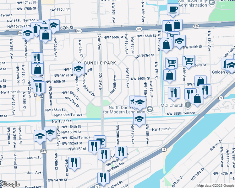 map of restaurants, bars, coffee shops, grocery stores, and more near 15810 East Bunche Park Drive in Opa-locka