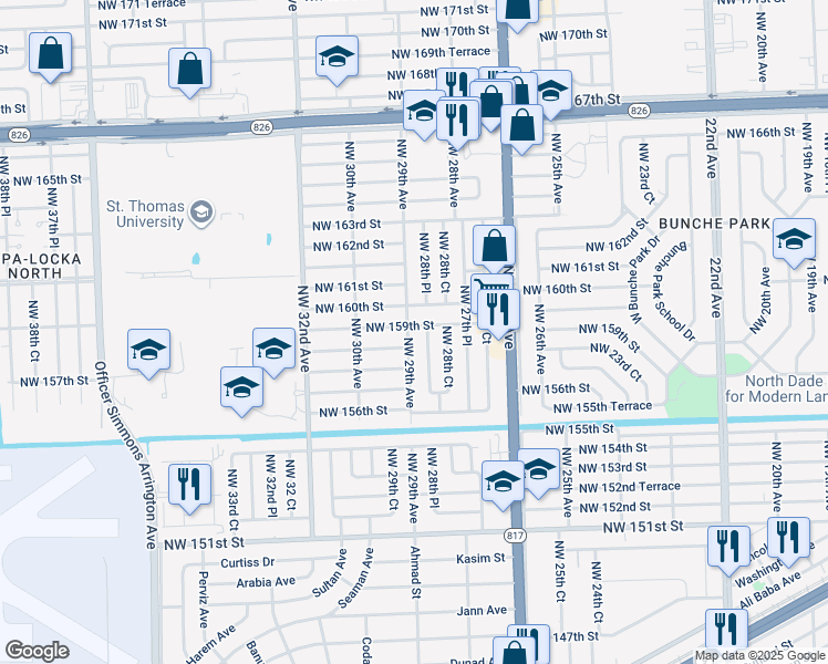 map of restaurants, bars, coffee shops, grocery stores, and more near 2901 Northwest 158th Street in Opa-locka