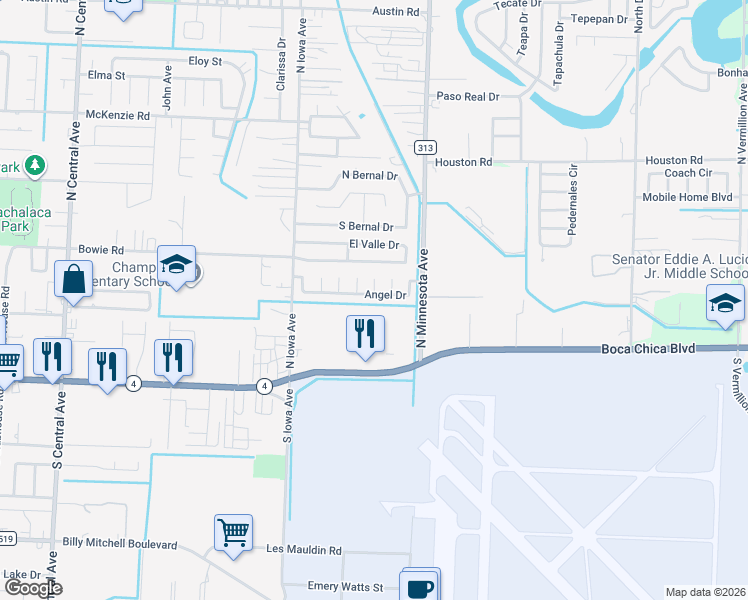 map of restaurants, bars, coffee shops, grocery stores, and more near 90 Angel Drive in Brownsville