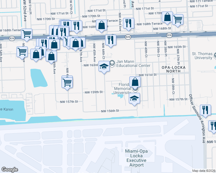 map of restaurants, bars, coffee shops, grocery stores, and more near 16012 Northwest 44th Court in Miami Gardens