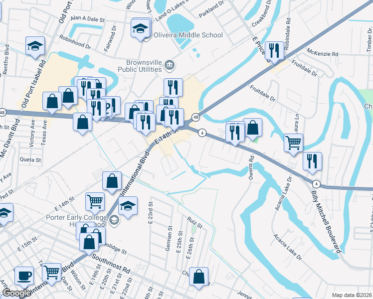 map of restaurants, bars, coffee shops, grocery stores, and more near 4444 East 14th Street in Brownsville