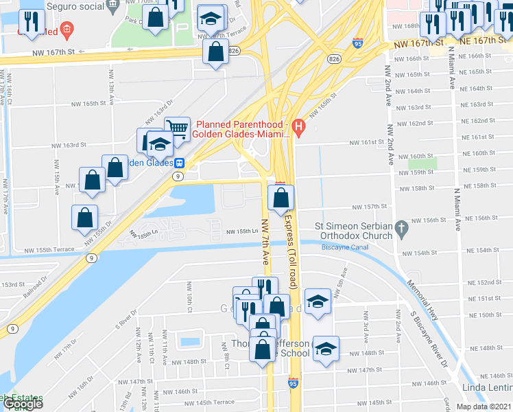 map of restaurants, bars, coffee shops, grocery stores, and more near 15700 Northwest 7th Avenue in Miami