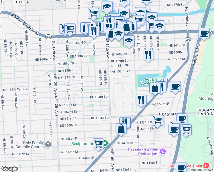 map of restaurants, bars, coffee shops, grocery stores, and more near 1599 Northeast 154th Terrace in North Miami Beach