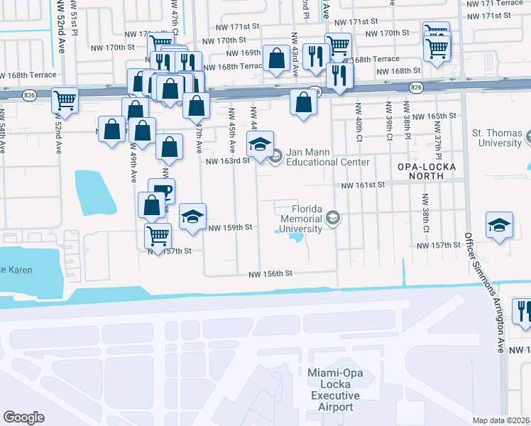 map of restaurants, bars, coffee shops, grocery stores, and more near 16012 Northwest 44th Court in Miami Gardens