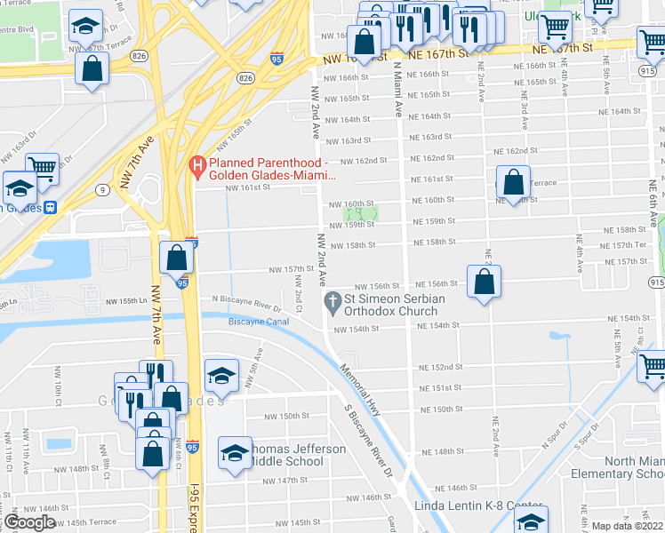 map of restaurants, bars, coffee shops, grocery stores, and more near 15701 Northwest 2nd Avenue in Miami