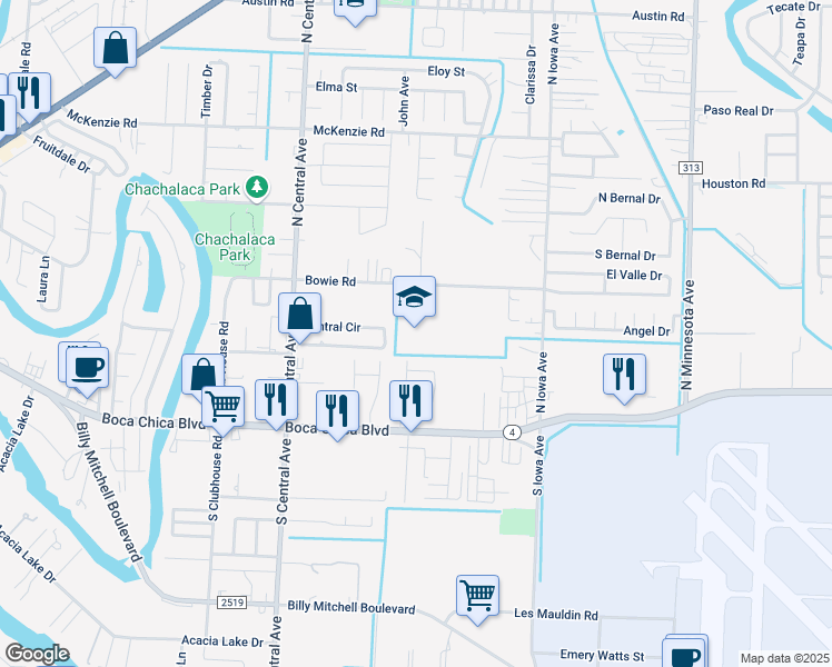 map of restaurants, bars, coffee shops, grocery stores, and more near 4750 Bowie Road in Brownsville