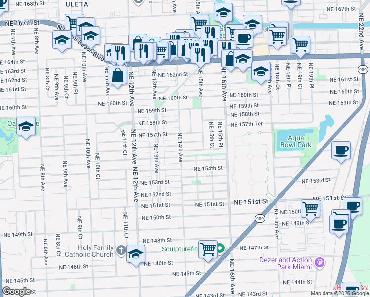 map of restaurants, bars, coffee shops, grocery stores, and more near 15540 Northeast 14th Avenue in North Miami Beach